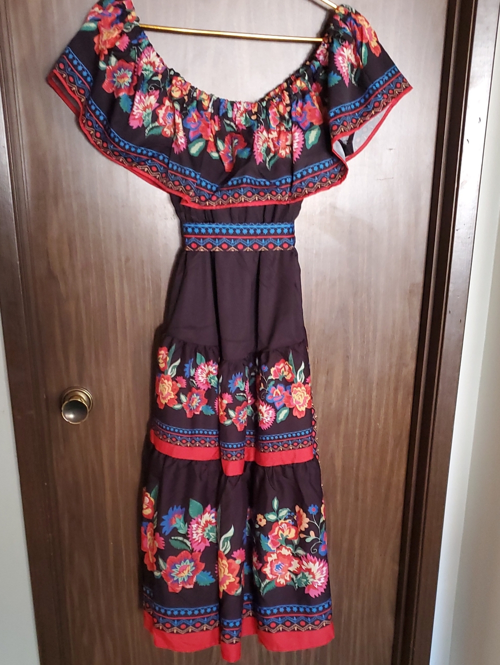 Off-Shoulder Floral Tiered Maxi Dress in Black and Multicolor
